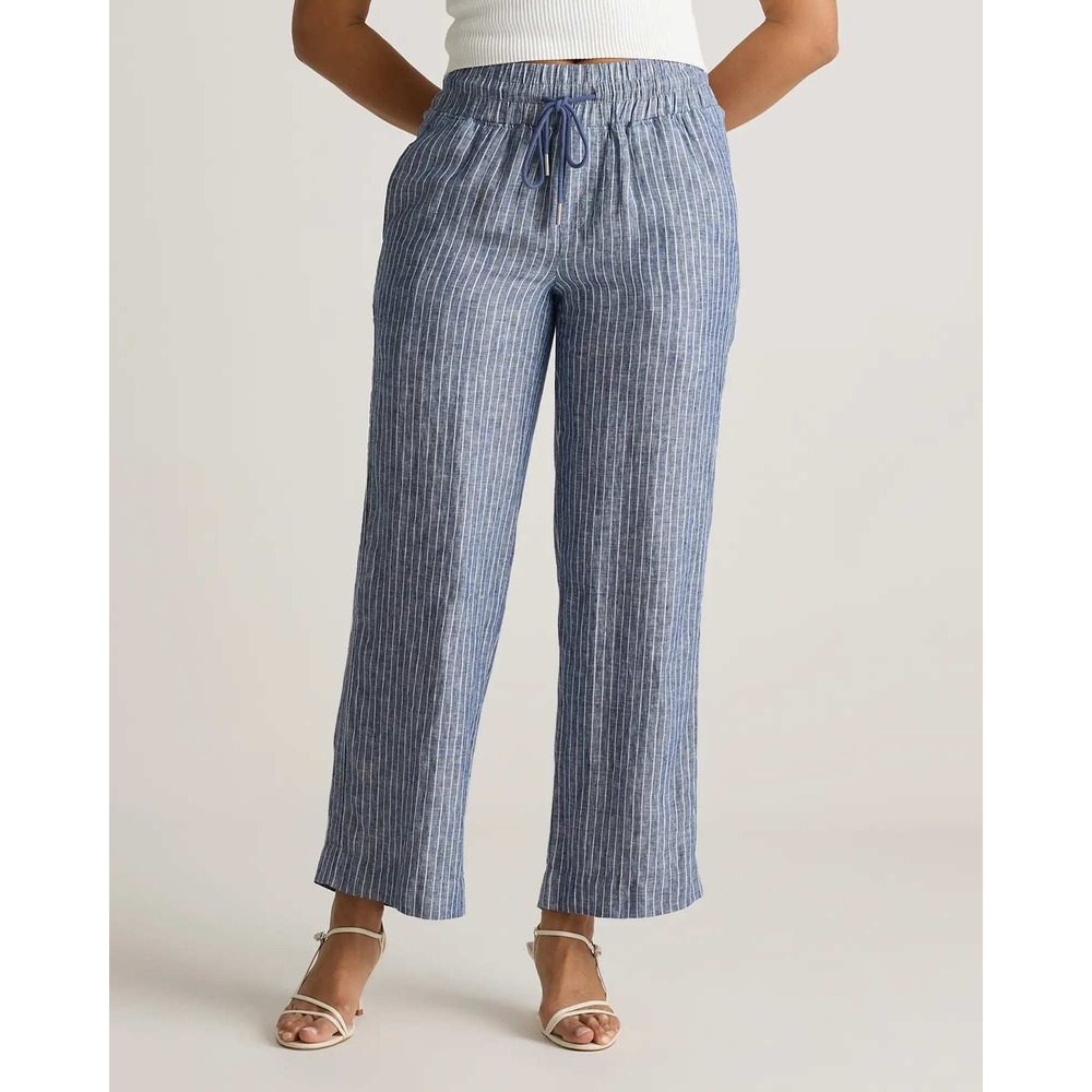 Quince European Linen Wide Leg Pants Chambray Stripe Blue White Small NWT